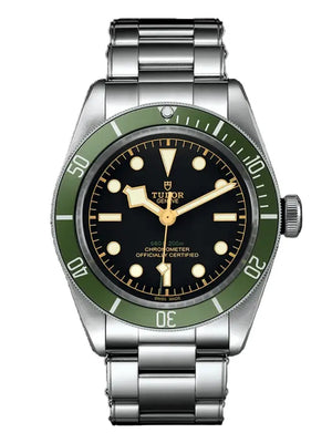 Tudor Black Bay Harrods Edition M79230G-0001 men's automatic dive watch, 41mm stainless steel case, black dial, green bezel, steel bracelet – front view