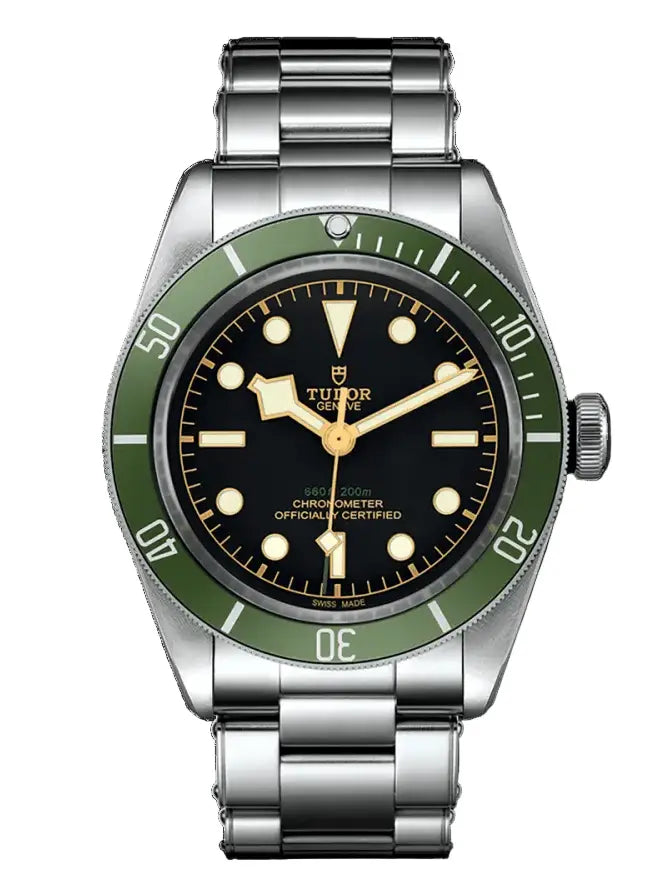 Tudor Black Bay Harrods Edition M79230G-0001 men's automatic dive watch, 41mm stainless steel case, black dial, green bezel, steel bracelet – front view