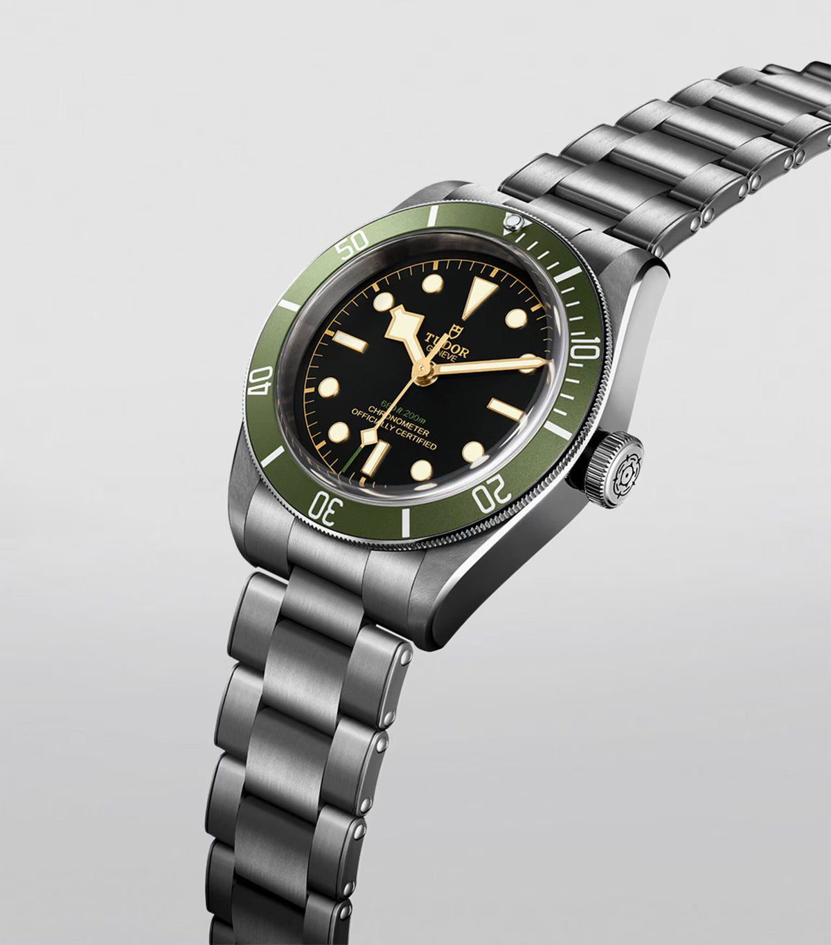 Tudor Black Bay Harrods Edition M79230G-0001 men's automatic dive watch, 41mm stainless steel case, black dial, green bezel, steel bracelet – left angle view