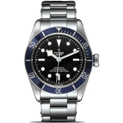 Tudor Black Bay M79230B-0008 men's automatic dive watch, 41mm stainless steel case, black dial, blue bezel, steel bracelet – front view