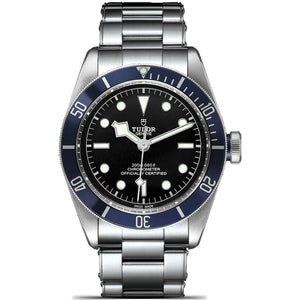 Tudor Black Bay M79230B-0008 men's automatic dive watch, 41mm stainless steel case, black dial, blue bezel, steel bracelet – front view