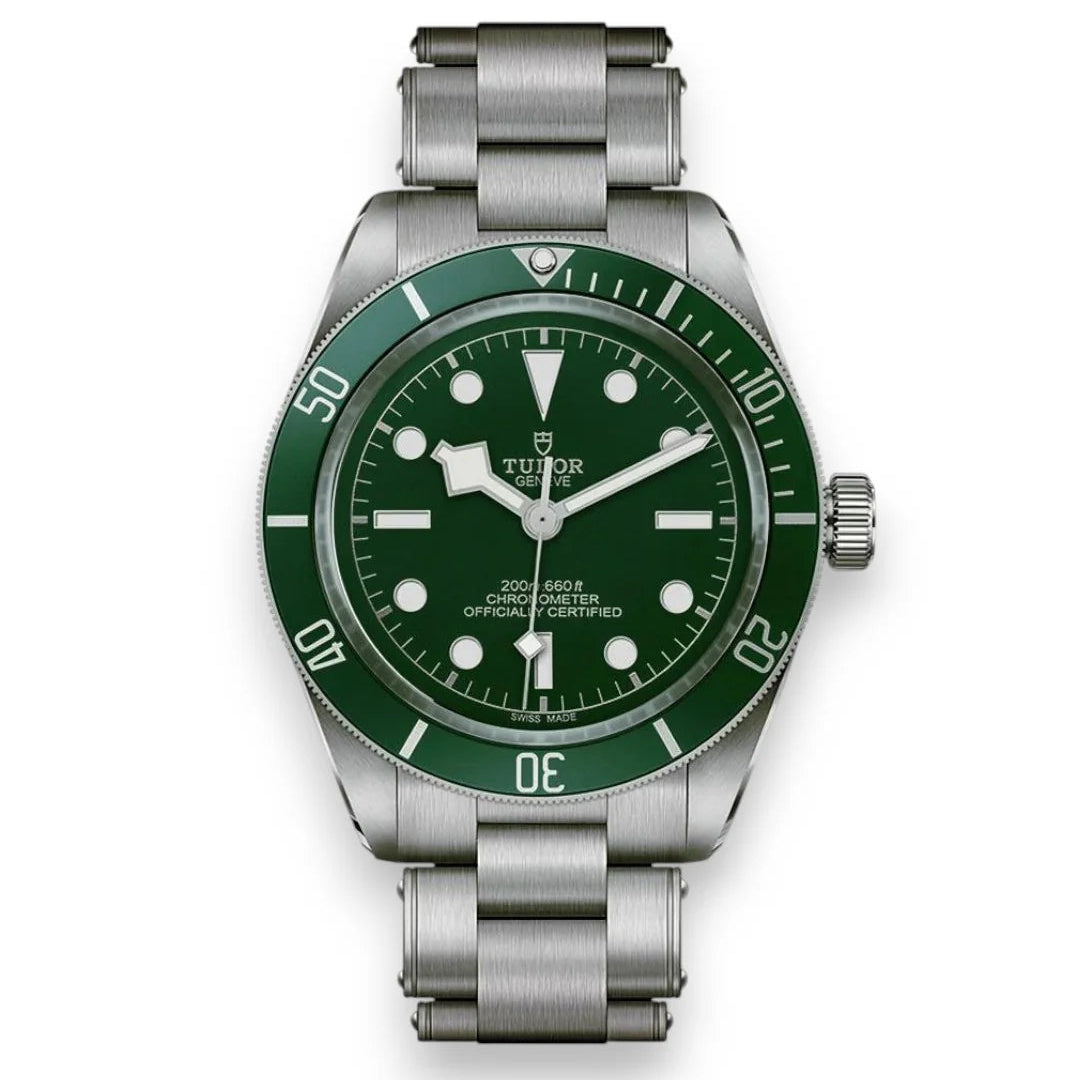 Tudor Black Bay men's automatic dive watch, 41mm stainless steel case, green dial, green bezel, steel bracelet – front view