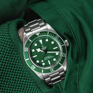 Tudor Black Bay men's automatic dive watch, 41mm stainless steel case, green dial, green bezel, steel bracelet – lifestyle wrist view