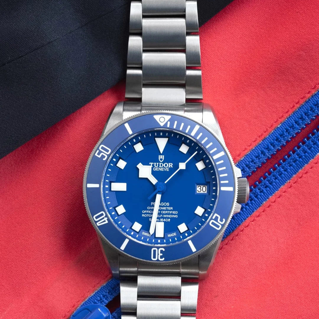 Tudor Pelagos M25600TB-0001 men's automatic dive watch, 42mm titanium case, blue dial, titanium bracelet – lifestyle angle view