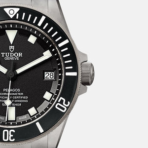 Tudor Pelagos M25600TN-0001 men's automatic dive watch, 42mm titanium case, black dial, titanium bracelet – dial close-up