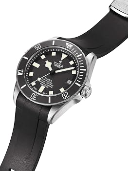 Tudor Pelagos men's automatic dive watch, 42mm titanium case, black dial, black ceramic bezel, black rubber strap – angle view