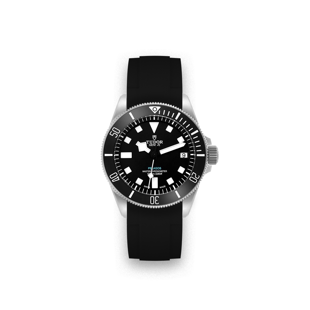 Tudor Pelagos men's automatic dive watch, 42mm titanium case, black dial, black ceramic bezel, black rubber strap – full front view