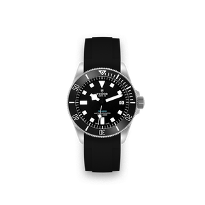 Tudor Pelagos men's automatic dive watch, 42mm titanium case, black dial, black ceramic bezel, black rubber strap – full front view