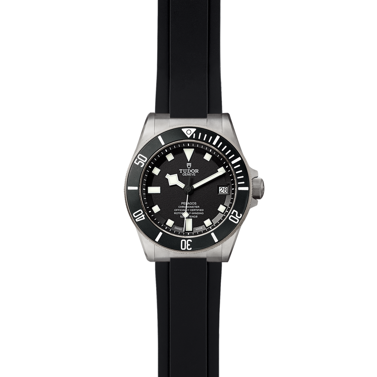 Tudor Pelagos men's automatic dive watch, 42mm titanium case, black dial, black ceramic bezel, black rubber strap – straight front view