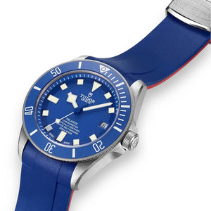 Tudor Pelagos men's automatic dive watch, 42mm titanium case, blue dial, blue ceramic bezel, blue rubber strap – angle view
