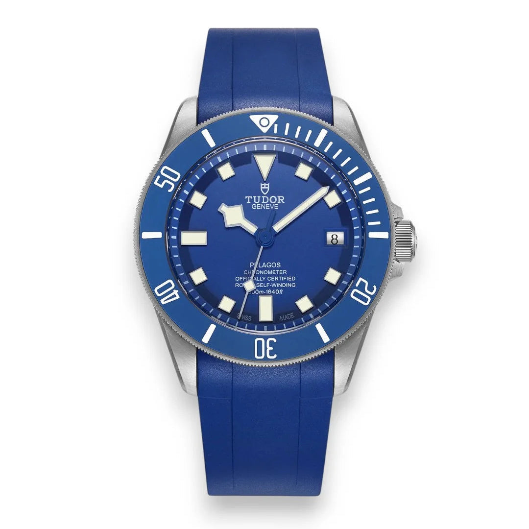Tudor Pelagos men's automatic dive watch, 42mm titanium case, blue dial, blue ceramic bezel, blue rubber strap – front view
