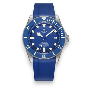 Tudor Pelagos men's automatic dive watch, 42mm titanium case, blue dial, blue ceramic bezel, blue rubber strap – full front view
