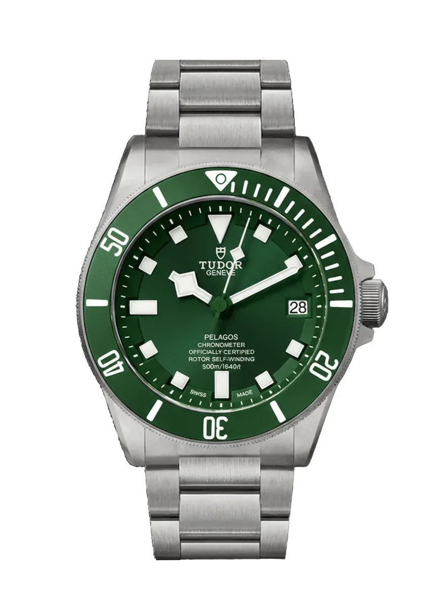 Tudor Pelagos men's automatic dive watch, 42mm titanium case, green dial, titanium bracelet – front detail view