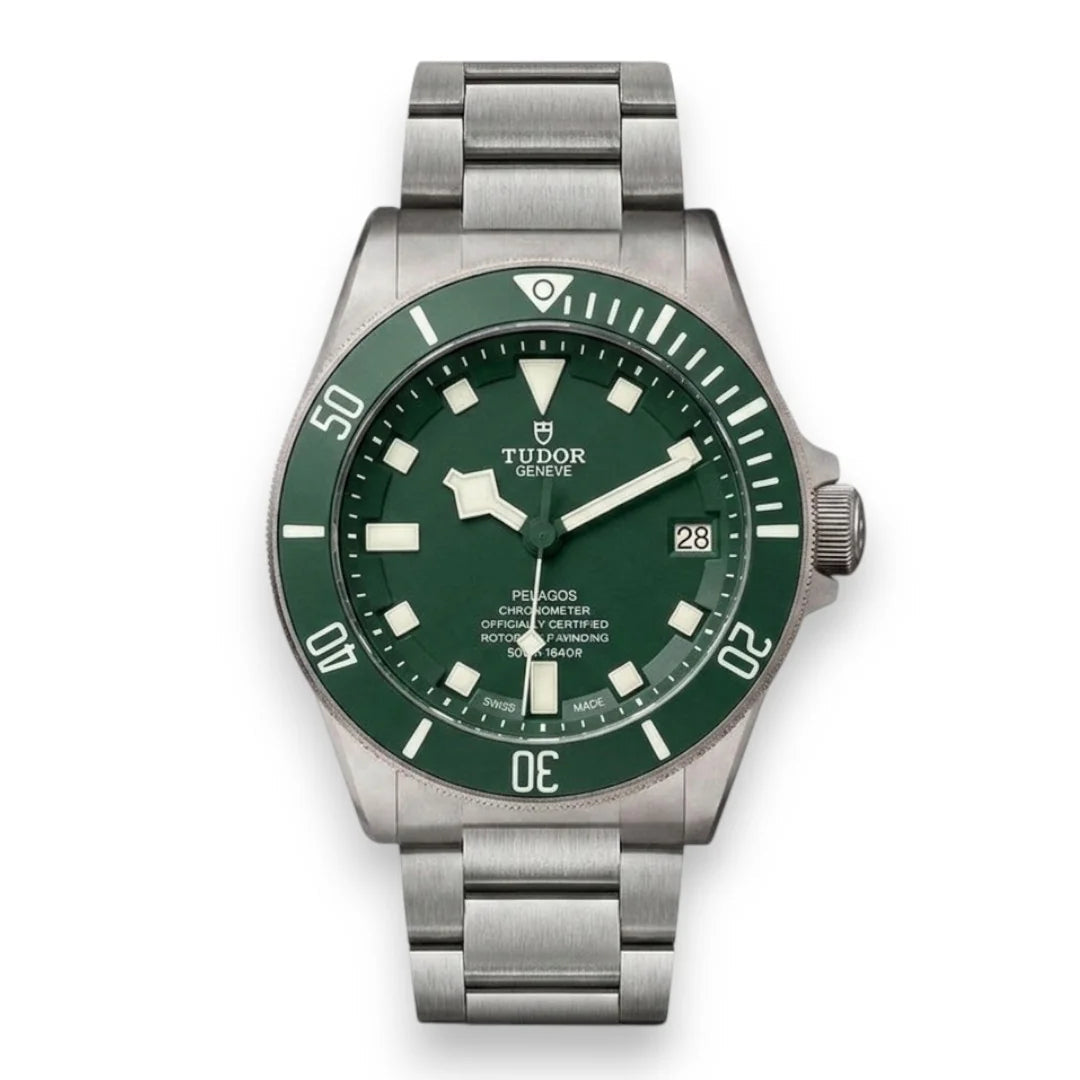 Tudor Pelagos men's automatic dive watch, 42mm titanium case, green dial, titanium bracelet – front view