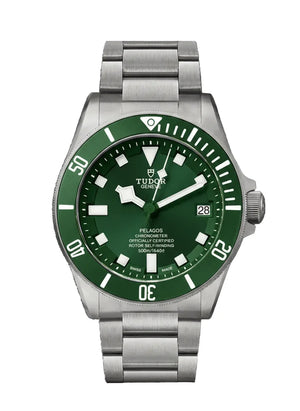 Tudor Pelagos men's automatic dive watch, 42mm titanium case, green dial, titanium bracelet – full front view
