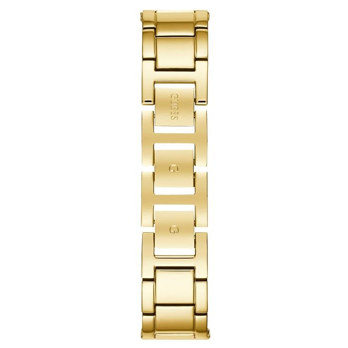 Gold-tone adjustable sliding clasp on Guess U1155L3 women's quartz battery striped mesh bracelet watch