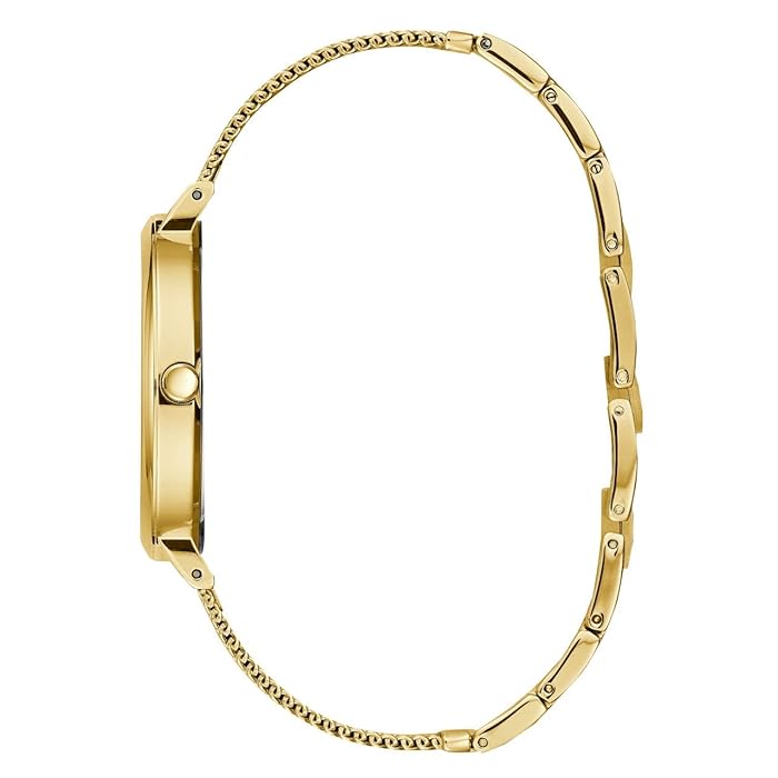 Detailed view of gold-tone minimalist crown on Guess U1155L3 women's quartz battery watch