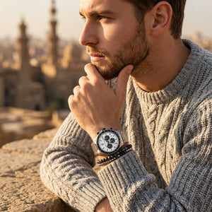 Elegant man wearing Maserati Sfida R8873640003 men's quartz battery watch with silver-tone case and classic white dial