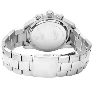 Caseback of Guess Chaser W0170G1 men's quartz battery watch showing technical specs 100m water resistance and stainless steel material