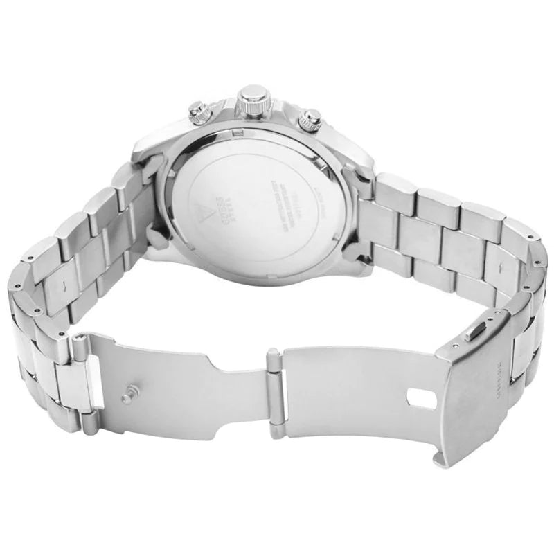 Silver-tone deployment clasp on Guess Chaser W0170G1 men's quartz battery silver stainless steel bracelet watch