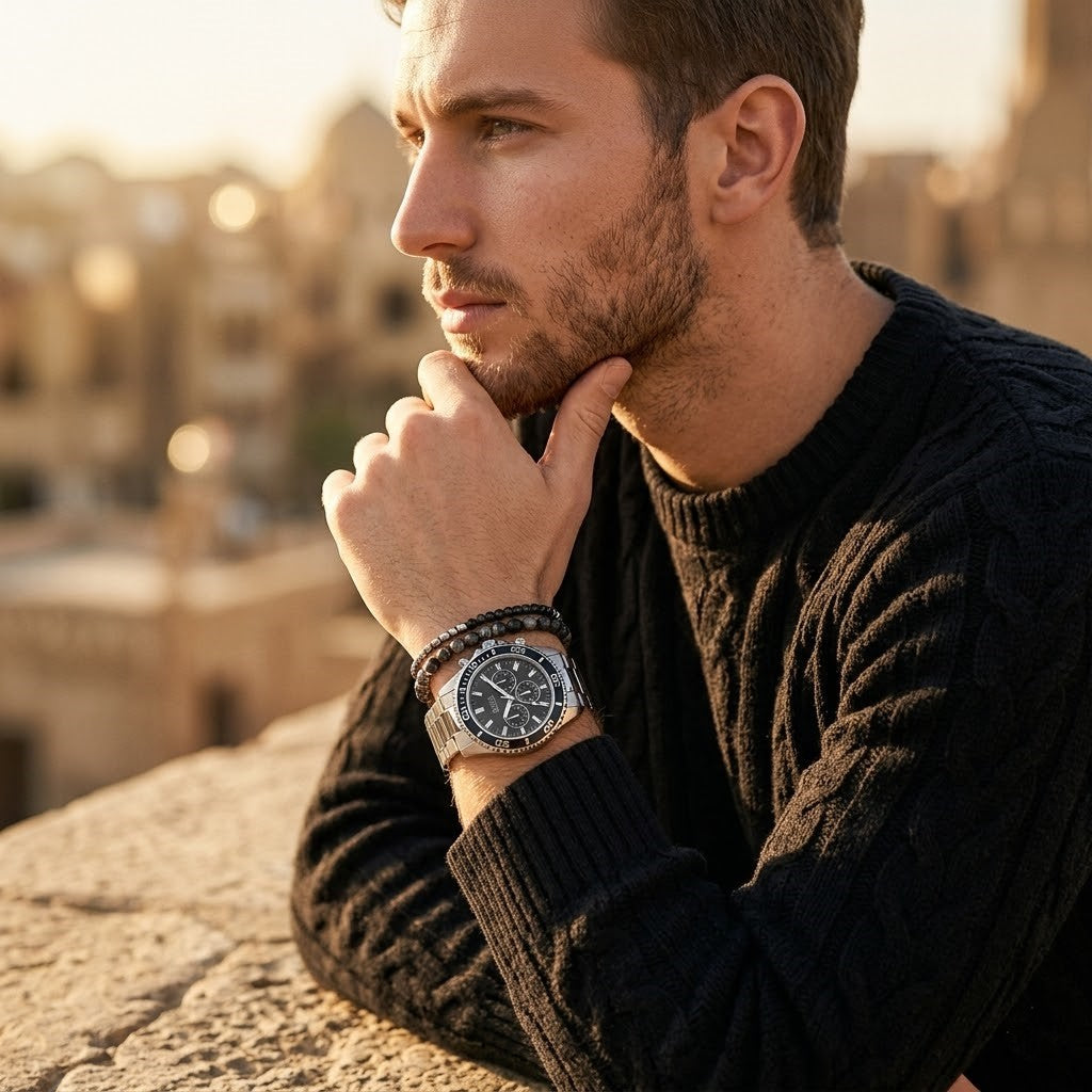 Elegant man wearing Guess Chaser W0170G1 men's quartz battery watch with silver case and luxury silver metal bracelet