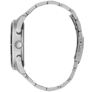 Side profile of Guess Chaser W0170G1 men's quartz battery watch showing 12mm thickness and polished silver finish