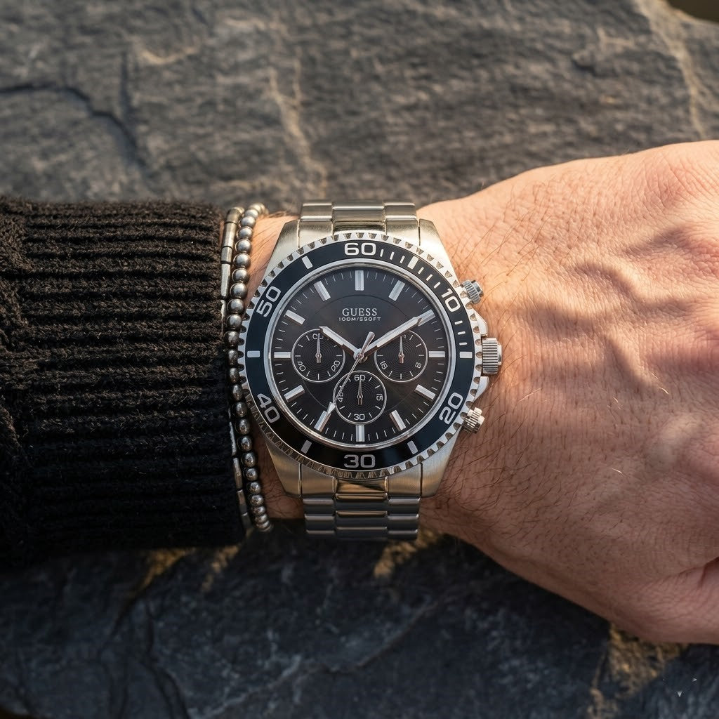 Close up of Guess Chaser W0170G1 men's quartz battery watch on wrist showing clean black dial and luxury black dive bezel