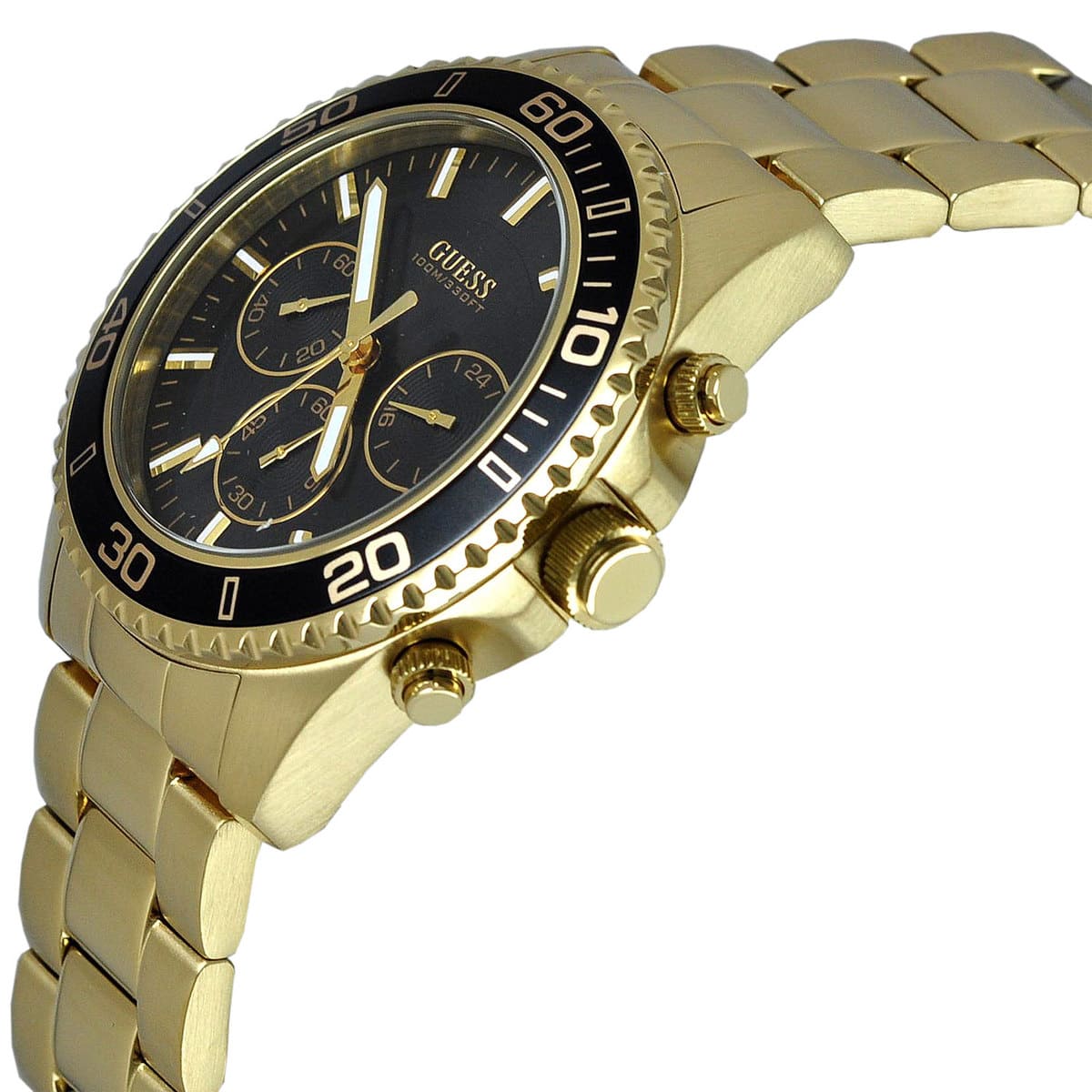 Right angled view of Guess Chaser W0170G2 men's quartz battery watch highlighting gold finish and black bezel details