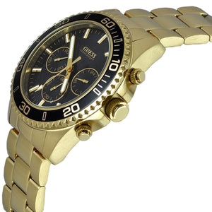 Right angled view of Guess Chaser W0170G2 men's quartz battery watch highlighting gold finish and black bezel details