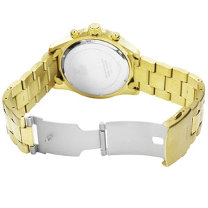 Gold-tone deployment clasp on Guess Chaser W0170G2 men's quartz battery gold stainless steel bracelet watch