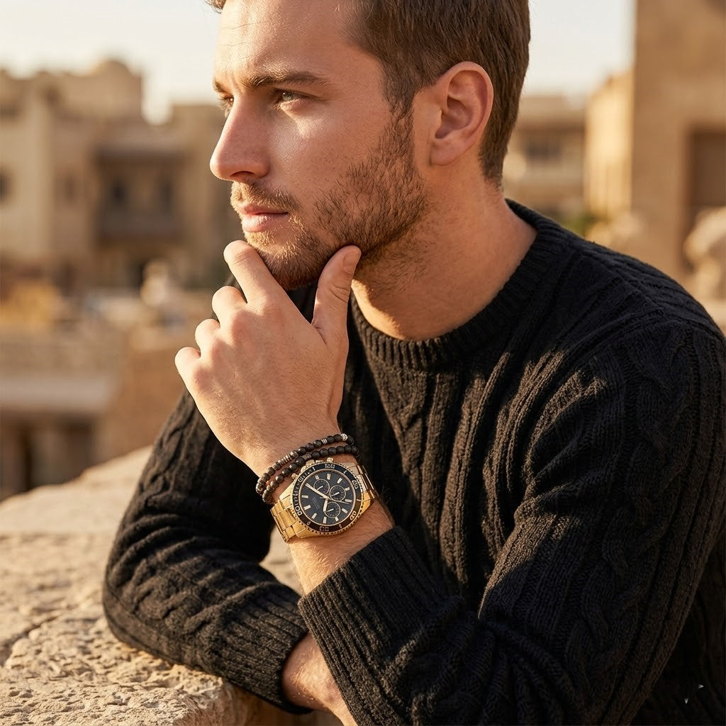 Elegant man wearing Guess Chaser W0170G2 men's quartz battery watch with gold case and luxury gold metal bracelet