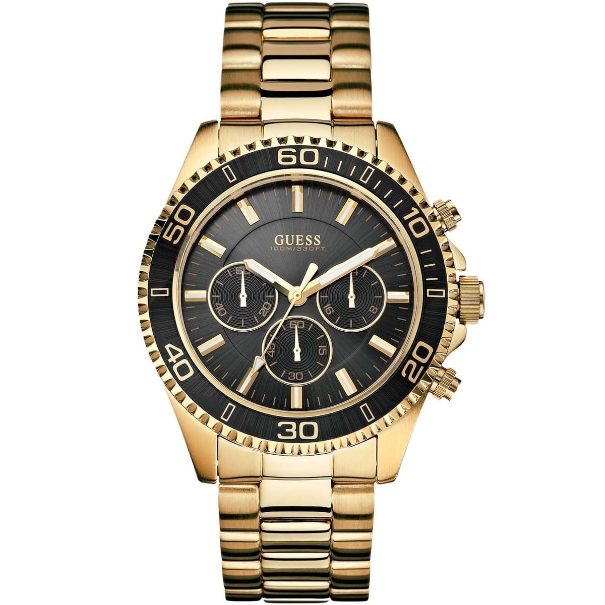 Guess Chaser W0170G2 men's quartz battery watch with black dial, chronograph sub-dials, gold case with black bezel, gold stainless steel bracelet main view