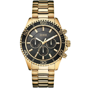 Guess Chaser W0170G2 men's quartz battery watch with black dial, chronograph sub-dials, gold case with black bezel, gold stainless steel bracelet main view