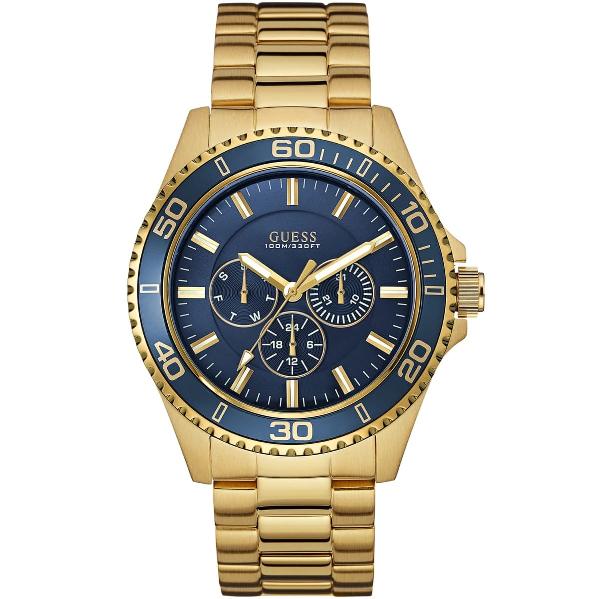 Guess Chaser W0172G5 men's quartz battery watch with blue dial, chronograph sub-dials, gold case with blue bezel, gold stainless steel bracelet main view