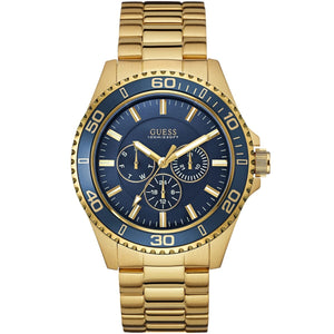 Guess Chaser W0172G5 men's quartz battery watch with blue dial, chronograph sub-dials, gold case with blue bezel, gold stainless steel bracelet main view