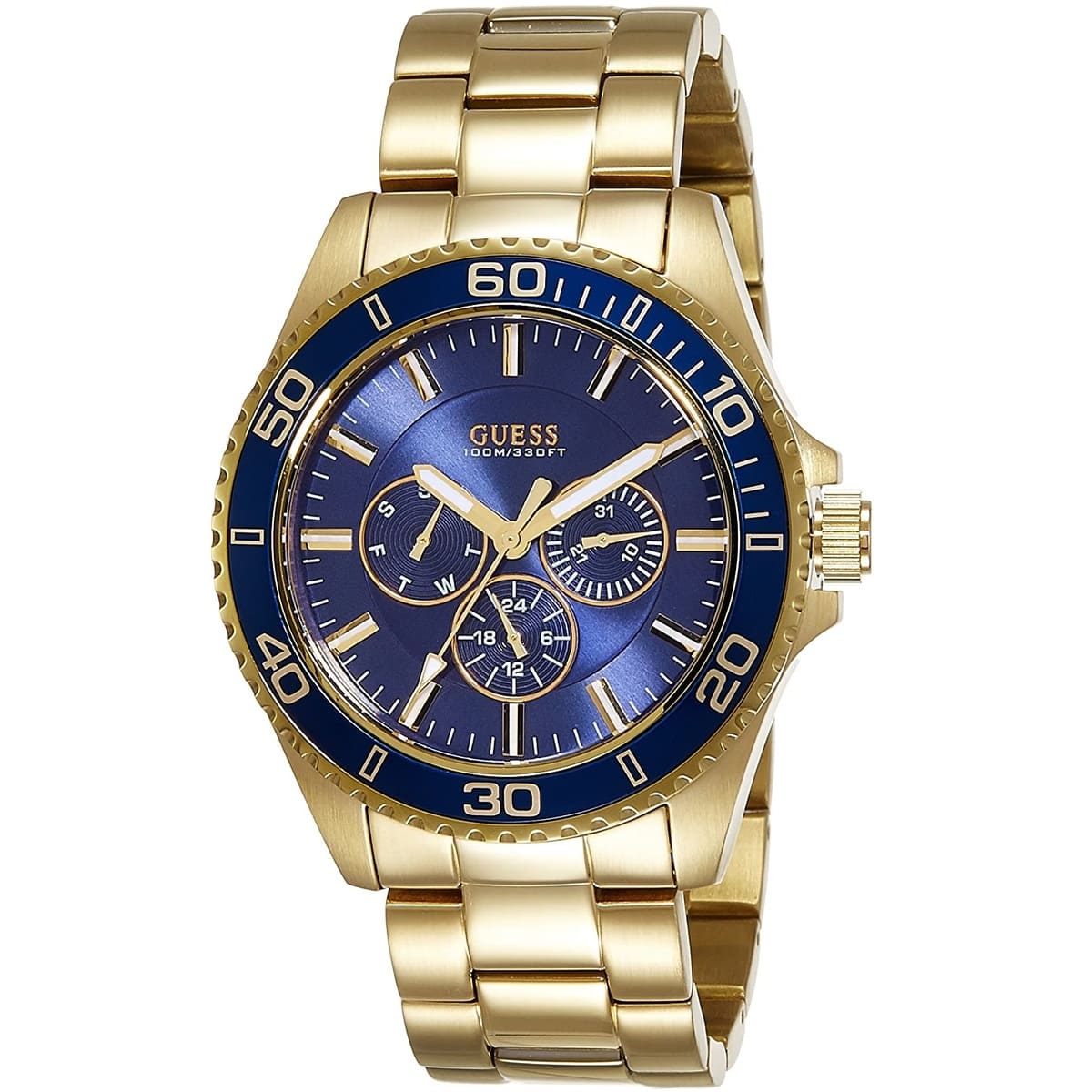 Gold watch with blue face on a white background
