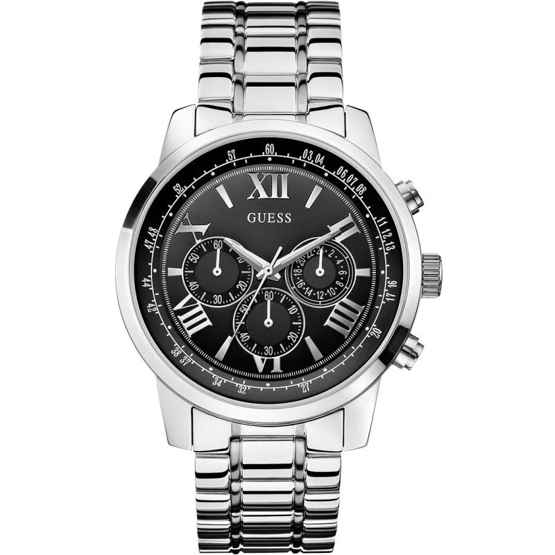 Guess Horizon W0379G1 men's watch with silver stainless steel case, black dial, and bracelet