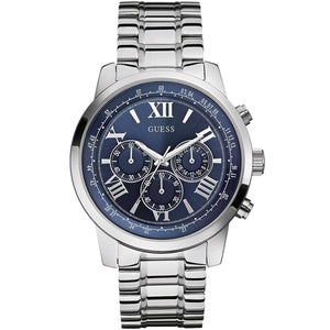 Guess Horizon W0379G3 men's watch with silver stainless steel case, blue dial, and bracelet
