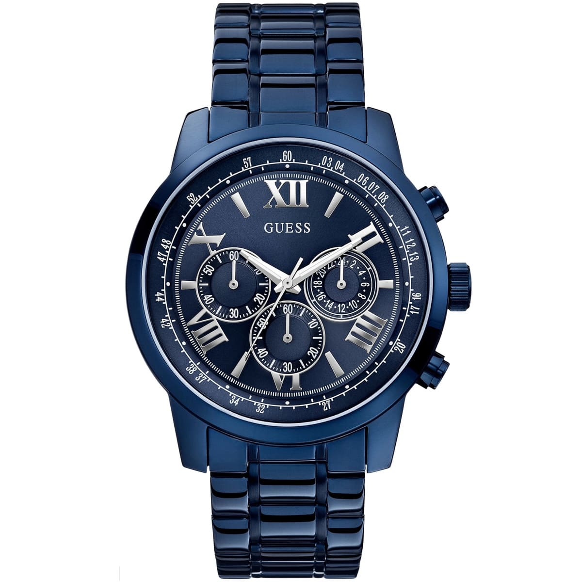 Guess Horizon W0379G5 men's watch with blue ion-plated case, blue dial, and stainless steel bracelet