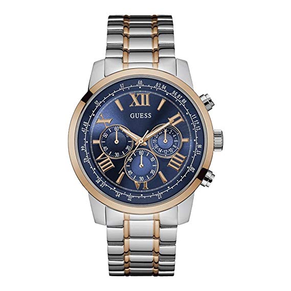 Guess Horizon W0379G7 men's watch with two-tone silver and rose gold stainless steel case and blue dial