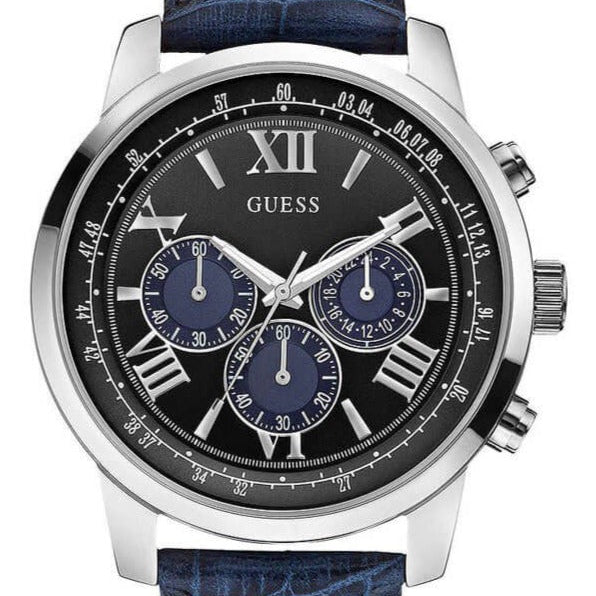 Guess Horizon W0380G3 men's watch with silver case, black dial with blue sub-dials, and blue leather strap