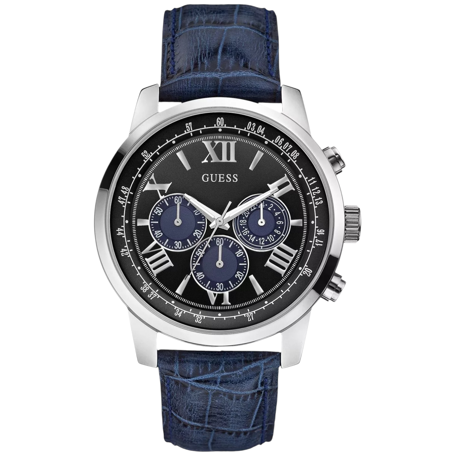Guess Horizon W0380G3 men's watch with silver case, black dial with blue sub-dials, and blue leather strap