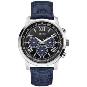 Guess Horizon W0380G3 men's watch with silver case, black dial with blue sub-dials, and blue leather strap