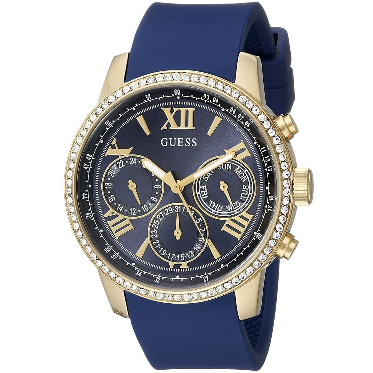 Right angled view of Guess Sunrise W0616L2 women's multi-function watch highlighting polished rose gold finish and cushion case details