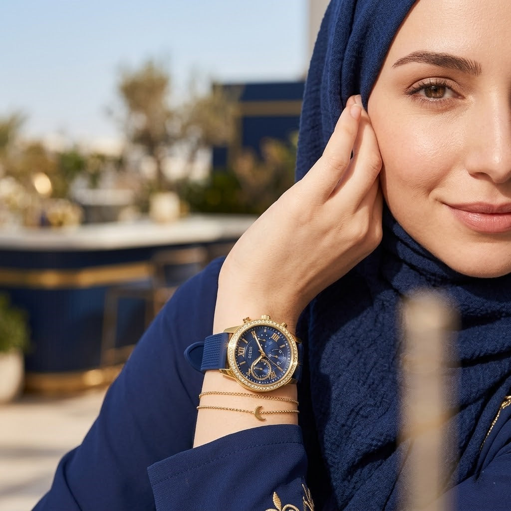 Elegant woman wearing Guess Sunrise W0616L2 women's multi-function rose gold watch with blue rubber strap, adding distinctive casual luxury style