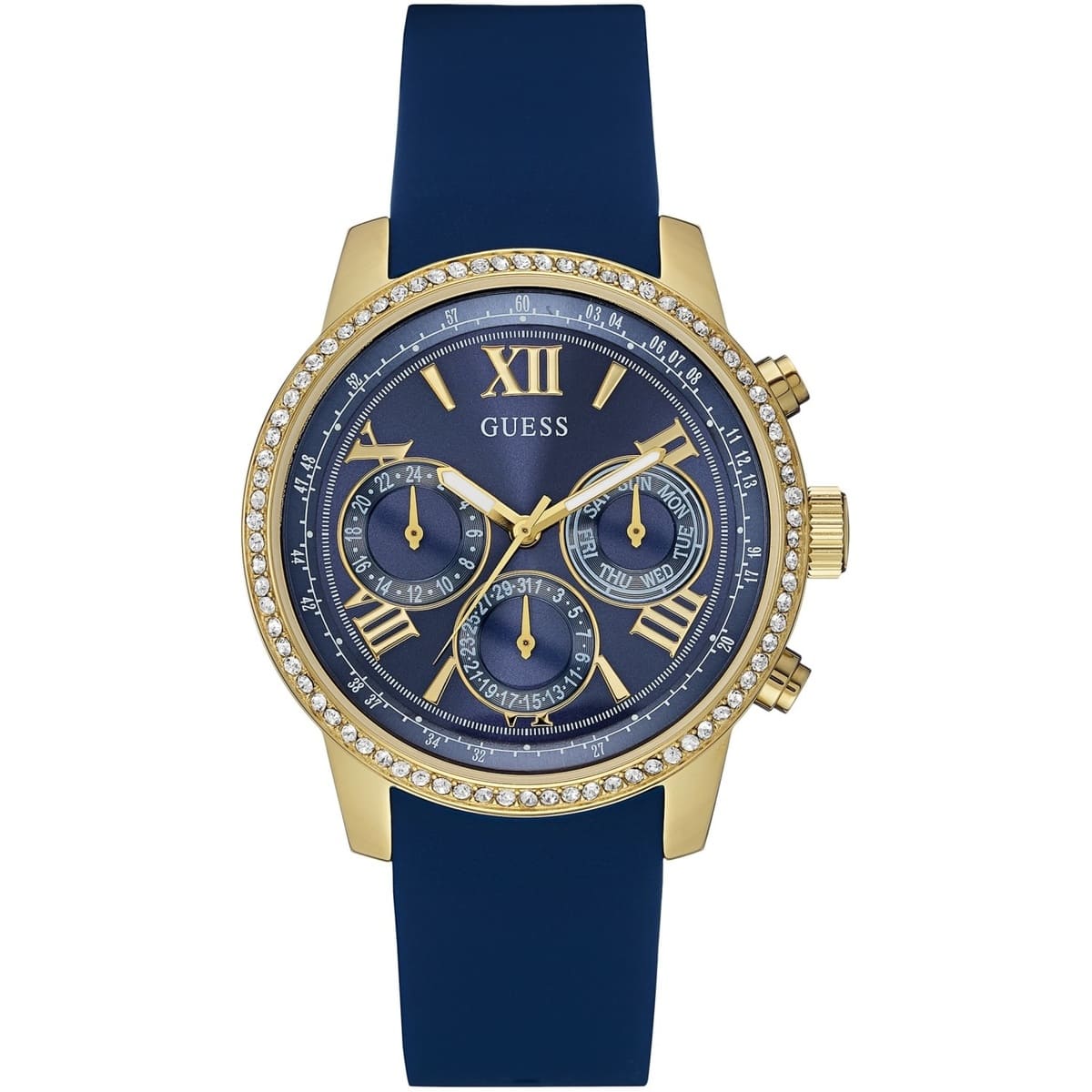 Guess Sunrise Multi-Function W0616L2 women's watch with cushion-shaped rose gold-tone case, detailed textured dynamic bezel embellished with crystals and screw details, deep navy blue dial with rose gold luminous hands and indices, and integrated flexible navy blue silicone rubber strap main view