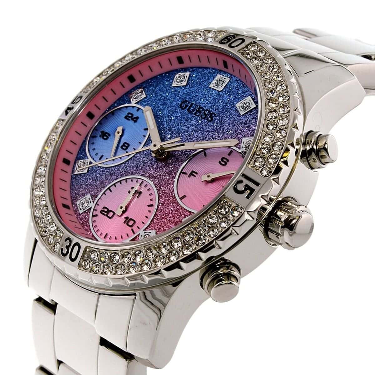 Angled real-life photo of Guess W0774L1 showing the silver case and metal strap