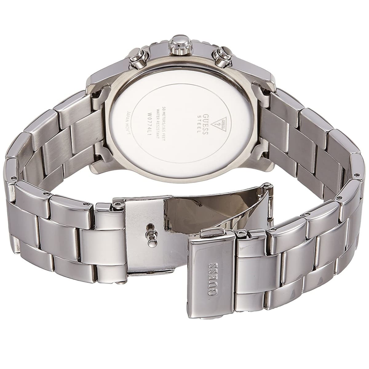 Back view photo of Guess W0774L1 showing the stainless steel caseback