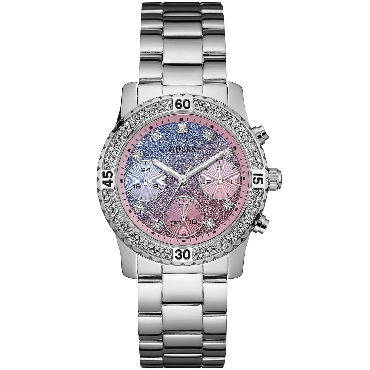 Authentic real-life photo of Guess W0774L1 showing actual silver shine and glitter ombre dial