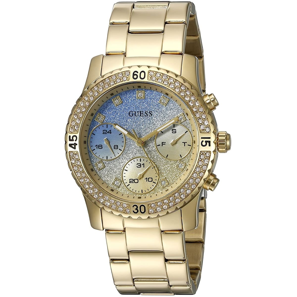 Angled real-life photo of Guess W0774L2 showing the gold case and metal strap